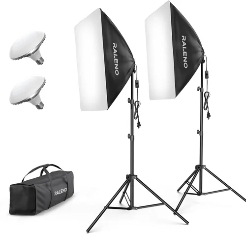 RALENO Kit de iluminación Softbox, iluminación fotográfica Softbox de 20 x 28 pulgadas con bombillas LED (50 W | 5500 K | TLCI ≥97), iluminación de