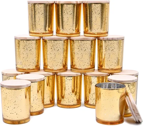 SHOWIN Tarros gruesos para hacer velas, 16 unidades, tarros vacíos de 7 onzas con tapas de madera para hacer velas, contenedor de muestra, color Oro
