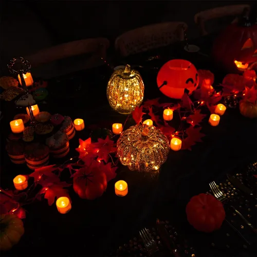 Miniatura 3 de Homemory Paquete de 12 velas de té naranja de Halloween, velas LED que funcionan con pilas, luces de calabazas pequeñas, sin llama, velas de té