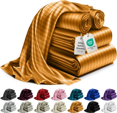 Miniatura 29 de DECOLURE Sábanas de satén para cama - Juego de 6 piezas de ropa de cama de lujo sedosa tamaño King - Más suave que la seda, sin arrugas con sábana