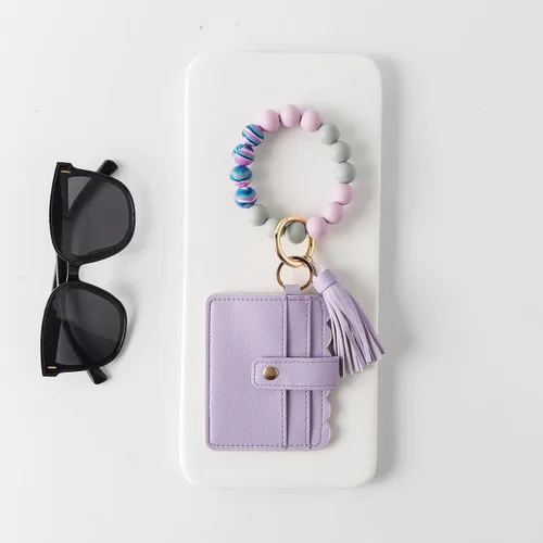 Miniatura 2 de Real Sic Pulsera de pulsera llavero billetera, soporte para tarjetas de crédito con cuentas de silicona, funda multifuncional de moda para tarjetas