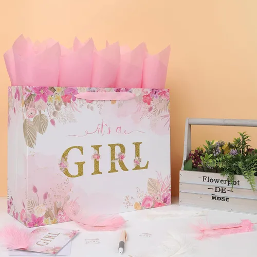 Miniatura 5 de Juego de bolsas de regalo extra grandes de 16.5 pulgadas con asas, tarjeta de felicitación, papel de seda rosa y calcomanías para niñas y niños