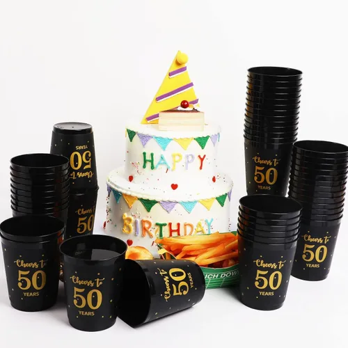 Miniatura 4 de 24 vasos de plástico reutilizables para cumpleaños de 50 años, regalos para fiestas de cumpleaños de 50 años, regalos de fiesta negros y dorados, 12