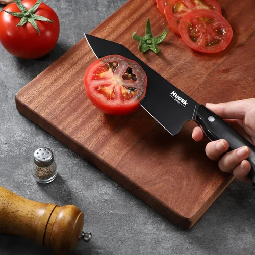 Miniatura 8 de Huusk Cuchillo de chef japonés para cocina, cuchillo Kirisuke de 7 pulgadas con revestimiento de titanio negro, cuchillos de cocina de acero