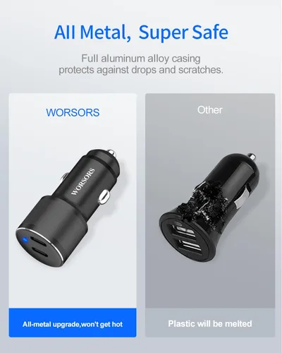 Miniatura 4 de Cargador de coche dual de 45W USB C, carga súper rápida de 90W máx, adaptador de encendedor de cigarrillos de 12V totalmente metálico para iPhone 17