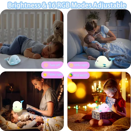 Miniatura 3 de Luz nocturna de delfín para niños, bonita luz nocturna, 16 colores de silicona, regulables, luces nocturnas para bebé, luz nocturna recargable