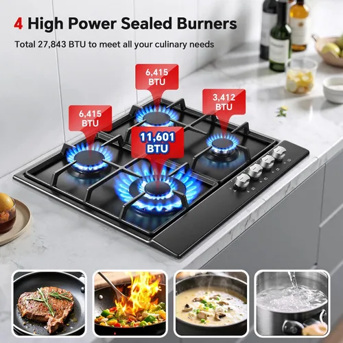 Miniatura 2 de Estufa de Gas de 24 Pulgadas Eascookchef, Placa de Cocina de Gas de 24 Pulgadas con 4 Quemadores, Placa de Cocina Empotrada NG/LPG Convertible