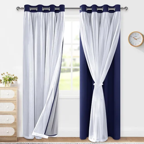 Miniatura 27 de XWZO Cortinas 100% opacas de doble capa para guardería, cortinas opacas con superposición transparente para dormitorio de niñas, cortinas