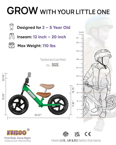 Miniatura 3 de KRIDDO Bicicleta de equilibrio para niños de 2 años, de 18 meses a 5 años, bicicleta de empuje de 12 pulgadas con placa personalizada