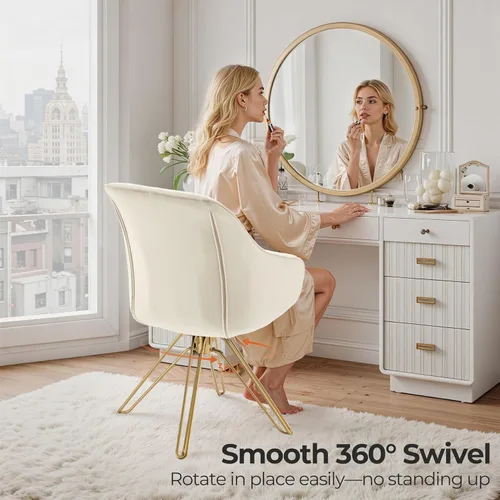 Miniatura 7 de Zouron Silla giratoria moderna de mediados de siglo con patas de metal dorado, silla de escritorio tapizada sin ruedas, silla de oficina lateral Oro