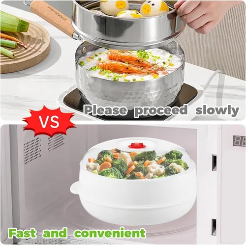 Miniatura 4 de Vaporizador de verduras para microondas para cocinar, vaporizador de microondas con tapa, sin BPA (doble capa)
