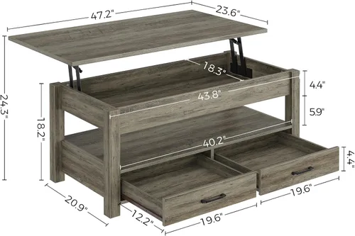 Miniatura 3 de Rolanstar - Mesa auxiliar, mesa de centro de 47.2 pulgadas con cajones y compartimento oculto, mesa central retro con tablero de elevación de Washed