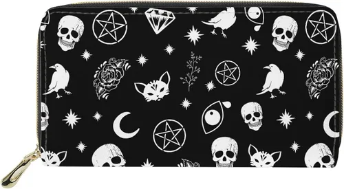 Cartera larga con cremallera para mujer, organizador multifunción, bolso de mano, gato calavera, Cartera larga con cremallera alrededor
