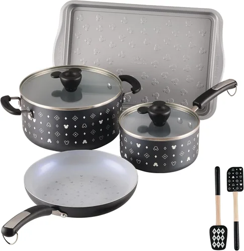 Farberware Disney - Ollas y sartenes antiadherentes de cerámica monocromática con utensilios para hornear/hornear y utensilios de cocina, apto para