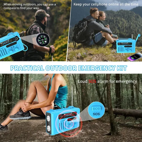 Miniatura 4 de Radio solar de emergencia con manivela, NOAA/AM/FM con linterna LED y lámpara de lectura, USB tipo C/carga solar/manivela, altavoz Bluetooth, alarma