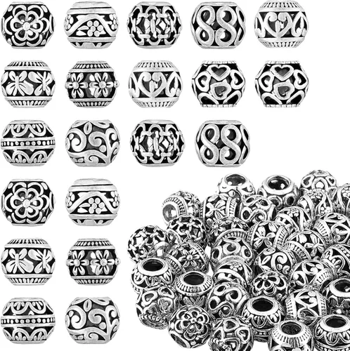 40 piezas de cuentas espaciadoras de tono plateado, cuentas huecas de aleación tibetana de filigrana de 10 mm, cuentas metálicas pequeñas para