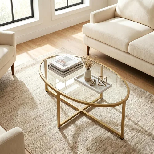 Miniatura 7 de Wolawu Mesa de centro ovalada dorada de vidrio para sala de estar, mesas de té modernas con marco de metal dorado para espacios pequeños, mesa