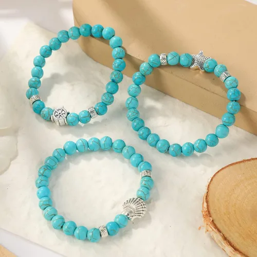 Miniatura 3 de 3 pulseras de turquesa con diseño de océano y cruz de conchas marinas, piedras de cristal curativas, pulseras de cuentas redondas elásticas