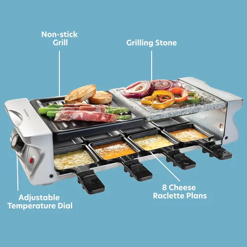Miniatura 2 de Parrilla de mesa eléctrica de raclette de queso con placa antiadherente y piedra de cocina, barbacoa coreana sin humo para interiores para 8