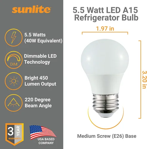 Miniatura 2 de Sunlite Bombilla LED A15 para refrigerador, 5.5 vatios (equivalente a 40 W), 450 lúmenes, base media (E26), regulable, acabado esmerilado, 2700K