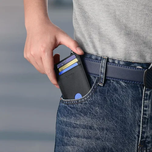 Miniatura 122 de Buffway Billetera delgada para hombre, minimalista con bolsillo frontal delgado, tarjetero de cuero con bloqueo RFID para viajes de trabajo