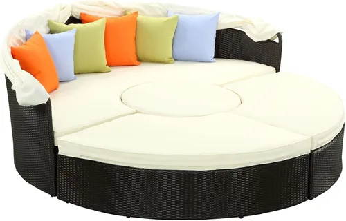 Miniatura 4 de LexMod sillón circular de mimbre para patio con dosel, marrón café., Moderno, Espresso Blanco
