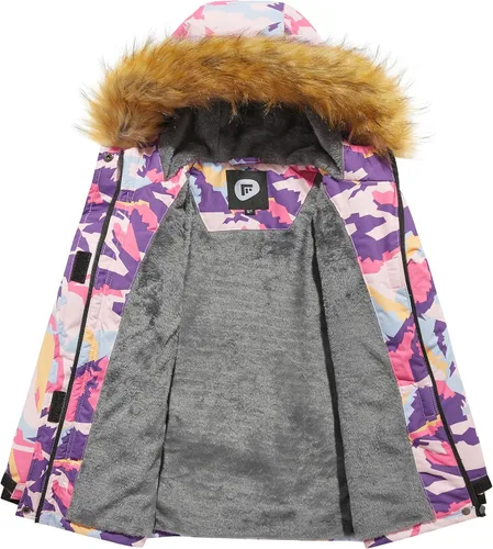 Miniatura 3 de FARVALUE Chaqueta de esquí impermeable para niñas, abrigo de invierno resistente al viento, abrigo de forro polar cálido para nieve, impermeables