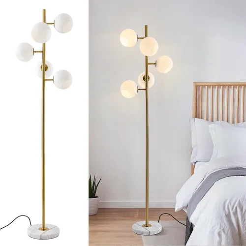 Miniatura 11 de KCO Lighting Five Globe - Lámpara de pie moderna de mediados de siglo, pantalla de vidrio de leche, acabado negro, base de mármol para sala de estar