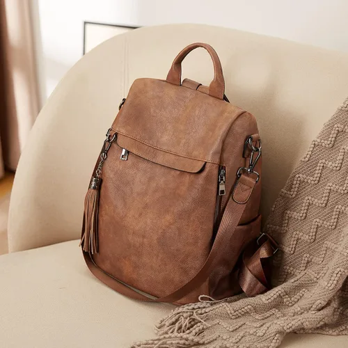 Miniatura 6 de Bromen - Mochila tipo bolso de mano de piel antirrobo para mujer a la moda, L