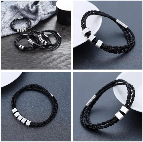 Miniatura 7 de Pulseras personalizables de cuero trenzado para hombre con 1-8 cuentas grabadas con nombre, pulsera de identificación para hombre, regalo para papá
