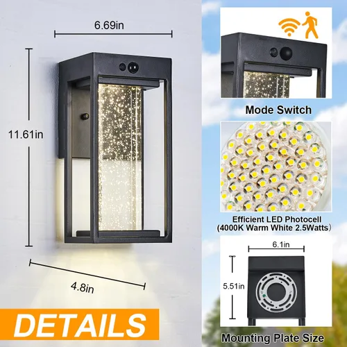 Miniatura 6 de Luz de Pared Solar para Exterior con Sensor de Movimiento de 3 Modos, Sconce Exterior de Cristal con Luz LED de 4000K 250LM para Puerta Frontal