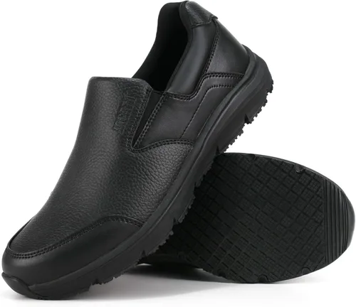 Jacata Zapatos de trabajo negros antideslizantes para hombre, servicio de alimentos, zapatos de cuero resistentes al agua y antideslizantes sin