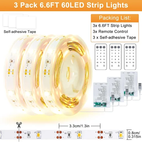 Miniatura 5 de Paquete de 3 Tiras de Luces LED de 6.6 Pies Alimentadas por Batería, Tira de Luz LED Blanca Cálida y Blanca Fría Alimentada por Batería, Luz