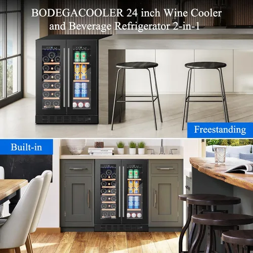 Miniatura 7 de BODEGA Refrigerador de bebidas negro, enfriador de vino y bebidas de doble zona de 24 pulgadas debajo del mostrador, refrigerador de bebidas