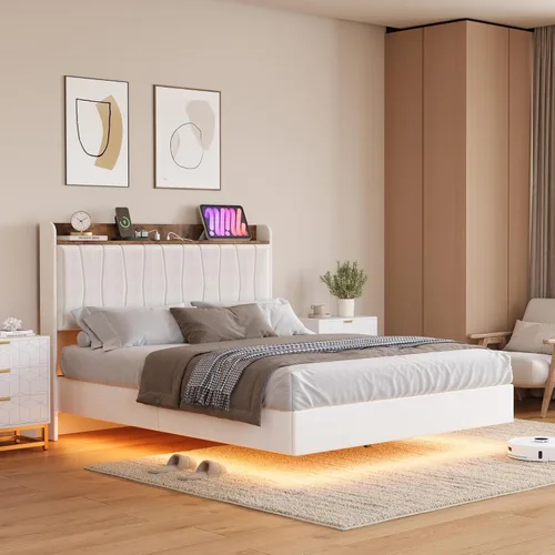 GarveeHome Marco de Cama Flotante Full con Luces LED y Estación de Carga USB – Cama Plataforma Moderna Tapizada con Cabecero, Soporte de Listones de