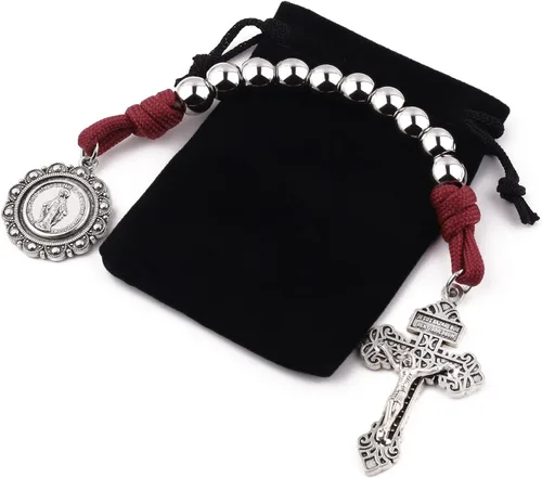 Miniatura 54 de Rosario de bolsillo estilo abierto una década de acero inoxidable rosario católico con crucifijo medalla de San Benito con bolsa de regalo