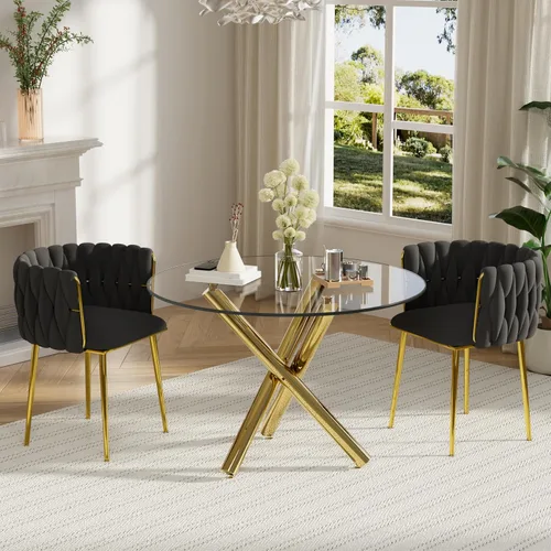 Miniatura 32 de Juego de mesa redonda dorada para 4, juego de mesa de comedor de 39'' con tapa de vidrio transparente, juego de mesa de cocina circular moderna de 5