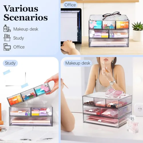 Miniatura 7 de Organizador de Escritorio Apilable de 3 Niveles con 6 Cajones, YOCOMEY Caja de Almacenamiento de Escritorio de Plástico con Cajones, Organizador