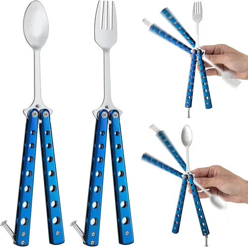 Miniatura 12 de Flutesan Juego de 2 Piezas de Tenedor y Cuchara Mariposa, Cuchara Táctica Mariposa Plegable de Acero Inoxidable Conjunto de Utensilios Spork