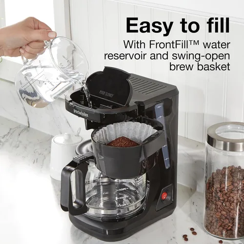 Miniatura 2 de Proctor Silex FrontFill - Cafetera de goteo, digital y programable, jarra de vidrio de 12 tazas, color negro y plateado (43685PS)