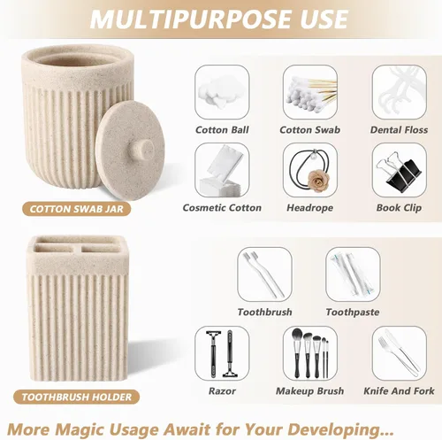 Miniatura 4 de XLHOMO Juego de accesorios de baño de resina beige de 5 piezas, dispensador de jabón y loción, soporte para cepillo de dientes, vaso de baño, porta