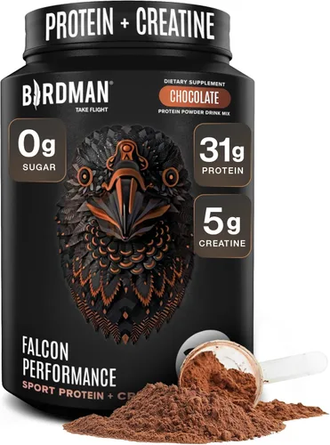 Birdman Falcon Proteína en polvo de rendimiento vegano, 31g de proteína, 5g de creatina, 5g de BCAA, probióticos, electrolitos, pre-entrenamiento,