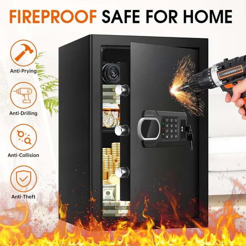 Miniatura 2 de 3.4 CUFT - Caja fuerte grande para el hogar, resistente al agua y al fuego, con llave de repuesto y teclado electrónico, caja fuerte para el suelo
