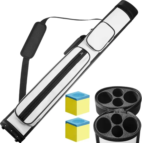Deekin 2 x 2 fundas de transporte ovaladas rígidas para taco de billar con 4 agujeros y 2 cubos de tiza de piscina Blanco
