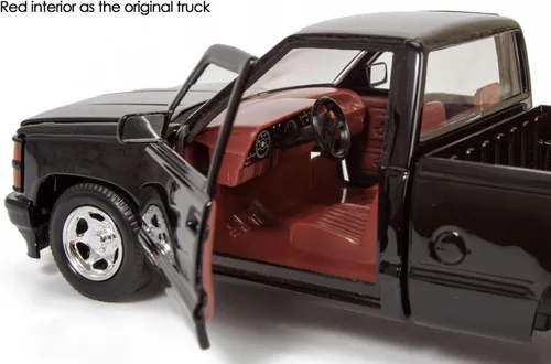 Miniatura 4 de All Star Toys 1992 Chevy C1500 454SS Pickup Truck a escala 1/24, modelo de coche fundido en metal negro con interior rojo Silverado 454 SS Motormax