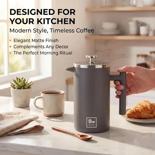 Miniatura 2 de Barista Warrior Prensa francesa con termómetro, prensa de café aislada, cafetera de acero inoxidable (1.0L, 34 onzas líquidas, gris)