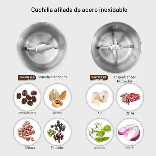 Miniatura 2 de Secura - Molinillo eléctrico para especias, cuencos duales de acero inoxidable para molienda húmeda y seca, uso múltiple para especias y café