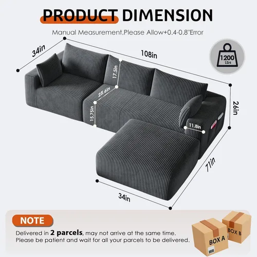 Miniatura 2 de 108" Cloud Couch Modular Sectional Sofa for Living Room, L Shaped Boneless Couch with Deep Seat Chaise, No Assembly Required Foam Sleeper Sofa for