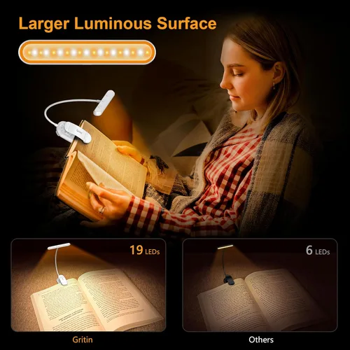Miniatura 4 de Gritin Luz de Libro Recargable para Leer en la Cama con 19 LED y Función de Memoria - Cuidado de los Ojos, 3 Temperaturas de Color, 5 Niveles