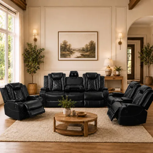Juego de sofá de cuero reclinable eléctrico, 3 piezas, asientos de cine en casa con luces LED, carga inalámbrica, puertos USB, consola de Negro